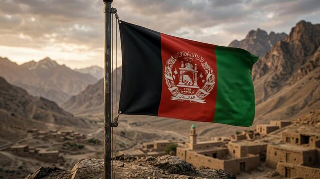 Afghanistan flag waving over government building and fortress walls