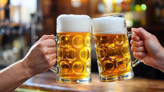 Two hands clinking beer mugs