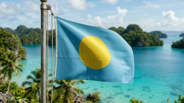 Palau flag waving over tropical beach and landmark tower