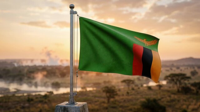 Zambia flag waving over desert ruins and desert landscape