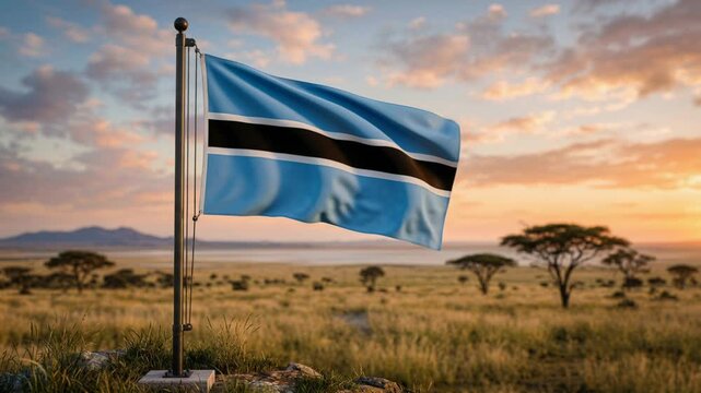Botswana flag waving over grassland landscape and landmark tower