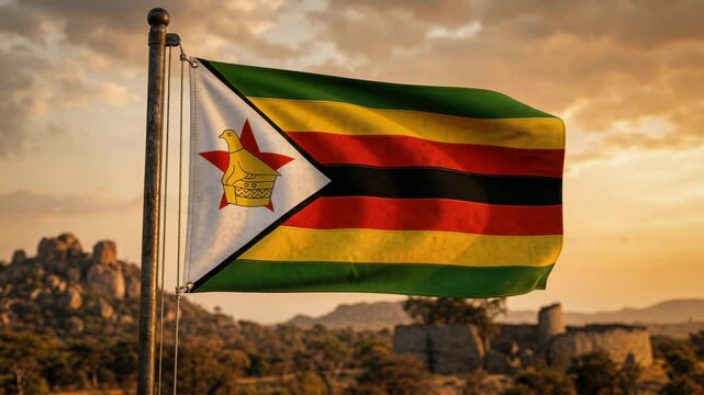 Zimbabwe flag waving over landmark tower and fortress walls
