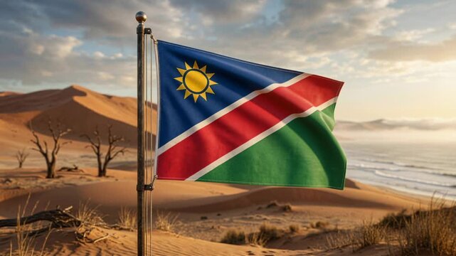 Namibia flag waving over desert landscape and landmark tower