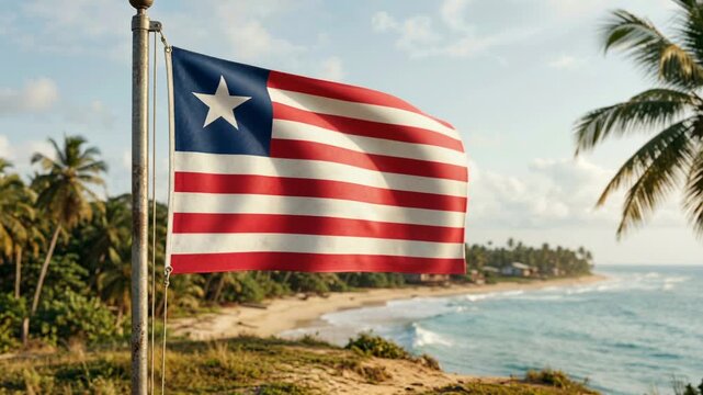 Liberia flag waving over tropical beach and landmark tower
