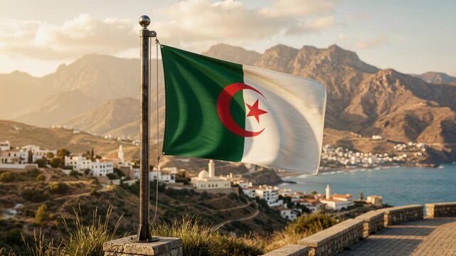 Algeria flag waving over landmark tower and coastline