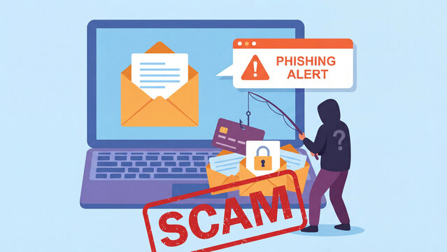 Phishing email scam alert and cybercrime identity theft concept illustration for online security awareness consumer data protection and digital fraud prevention