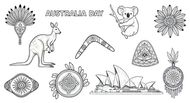 Australia Day Celebration Icons: Kangaroo, Koala, Sydney Opera House, Boomerang, Indigenous Art