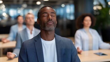 Fototapeta premium Diverse group of coworkers practice guided breathing exercises together in modern office break room during lunch hour, smartphones displaying meditation timer apps on table, ideal for workplace