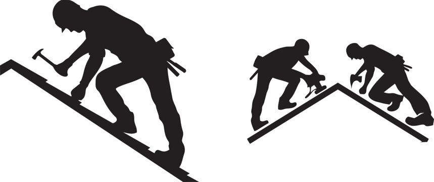 House roof repair silhouette, roofer with hammer and safety helmet, chimney visible