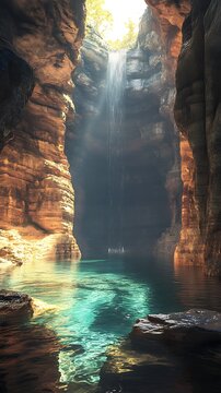 Majestic subterranean waterfall cascade illuminates a vibrant turquoise pool
