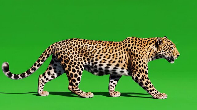 Leopard walking on green screen, 3D animal illustration 4k Video
