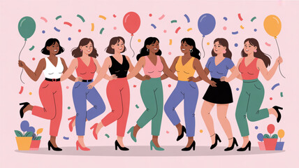 Fototapeta premium Diverse group of women celebrating together with colorful balloons and confetti in festive atmosphere
