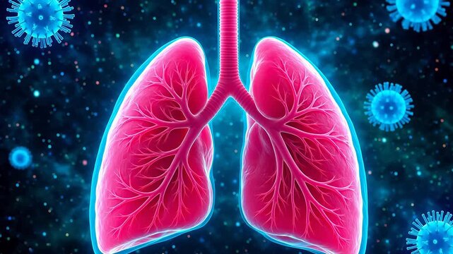 Human lungs with virus particles