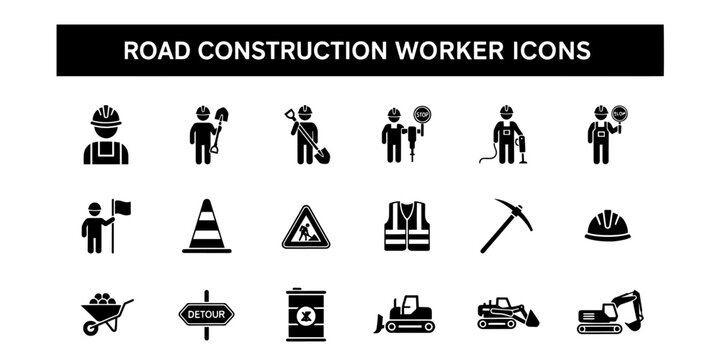 A set of minimalist functional road construction worker icons and equipment silhouettes on a clean white background