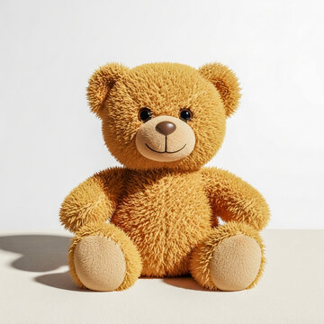 Soft fluffy teddy bear sitting, studio shot, white background, warm lighting