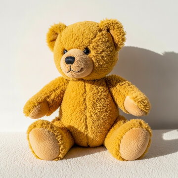 Golden Teddy Bear Sitting on White Surface with Shadow Play