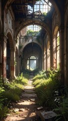 Obraz premium Abandoned building interior with overgrown vegetation and natural light