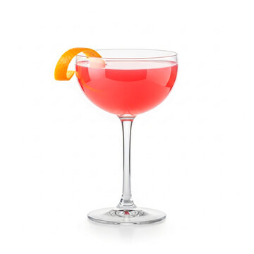 Elegant pink cocktail with orange twist in martini glass on white background