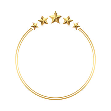 Golden round circle frame adorned with five radiant stars. Each star gleams with polished metallic luster. Clean white background enhances elegant simplicity. Perfect for award ceremonies or luxury br