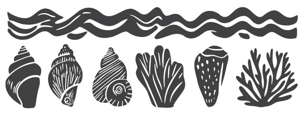 Black seashell and coral collection: vector linocut set of marine shells, conch and ocean waves. Monochrome hand-drawn illustration with silhouette elements, nautical maritime isolated on white © Maria Petrish