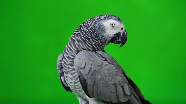 A vibrant African Grey Parrot stands out against a bright green background in this stunning video showcasing the bird's unique feathers and expressive gaze.