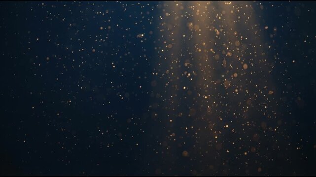 Gold particle background with warm golden dust floating gently in deep blue cinematic space creating calm atmospheric depth subtle parallax and elegant motion