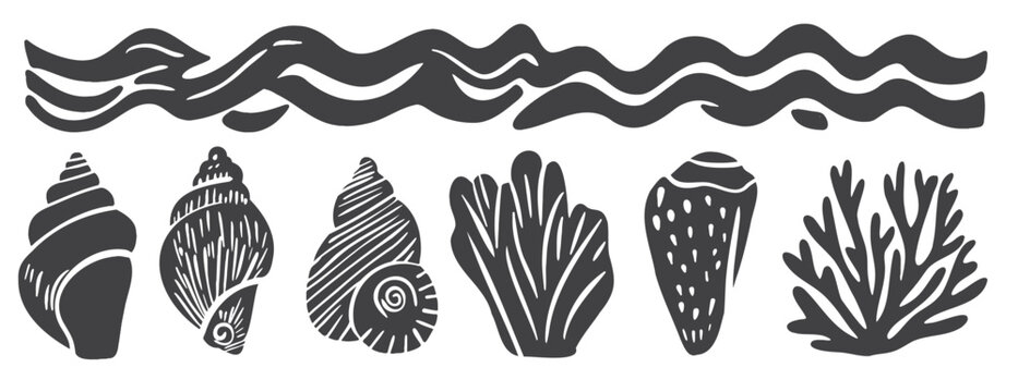 Black seashell and coral collection: vector linocut set of marine shells, conch and ocean waves. Monochrome hand-drawn illustration with silhouette elements, nautical maritime isolated on white