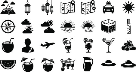 Obraz premium Travel and vacation silhouette icon set, mountains, sun, compass, airplane, cocktails, camera, hat, leisure summer tourism vector design