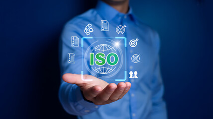 Fototapeta premium ISO certification quality management system concept with digital business interface