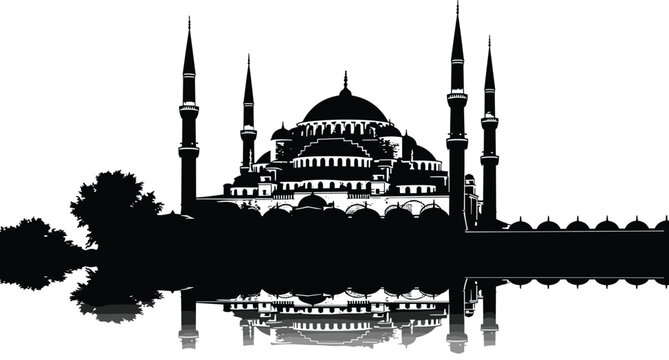 Mosque silhouette reflection illustration, Ottoman architecture, domes and minarets, cultural heritage landmark, Blue Mosque Istanbul Turkey vector design