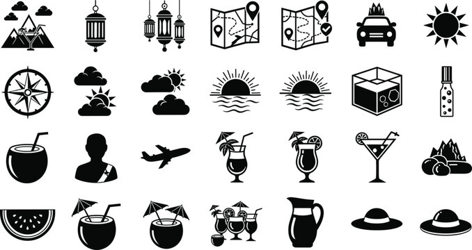 Travel and vacation silhouette icon set, mountains, sun, compass, airplane, cocktails, camera, hat, leisure summer tourism vector design
