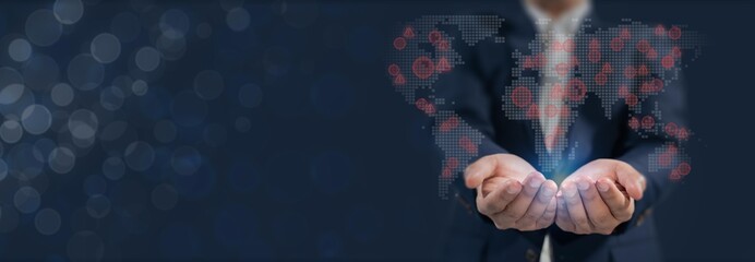 Global geopolitical risk and international conflict impact. Holding digital world map with warning. Geopolitical risks, global instability, international conflict, trade war, economy and security.