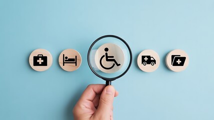 Accessibility services concept with magnifying glass highlighting disability support icons