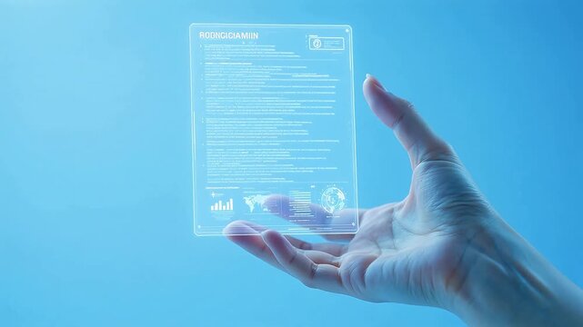 Hand holding holographic document