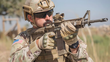 Naklejka premium Soldier in camouflage aiming rifle at target