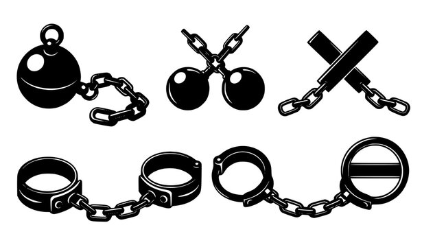 Prison Restraint and Handcuff Icon Set with Shackles, Chains, Ball and Chain, and Police Detention Symbols for Law Enforcement and Security Design