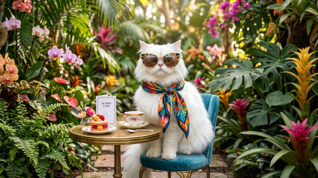 A long-haired white cat wearing tortoiseshell sunglasses and a colorful scarf sits at a miniature gold cafe table with a teacup and macaron in a lush tropical garden.