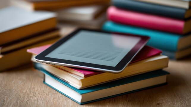 An ebook reader sits atop a pile of colorful hardcover books on a light brown wooden table