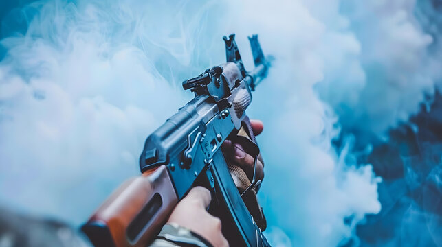 Soldier firing ak-47 assault rifle in combat smoke