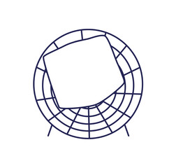 Fototapeta premium Rattan wicker chair with cushion, top down view, line contour drawing. Outline furniture, round armchair, from above. Comfortable seat for patio. Flat vector illustration isolated on white background