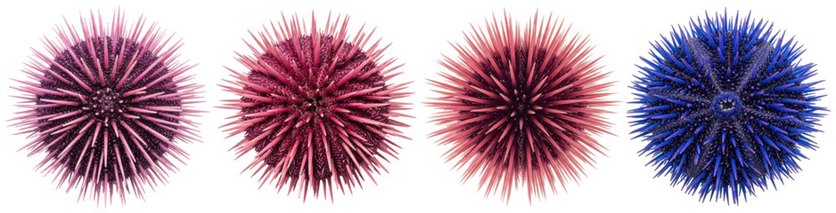 Four striking sea urchins in vivid purple, red, and blue display their intricate spiny forms. © PlantAndFlowerPNG