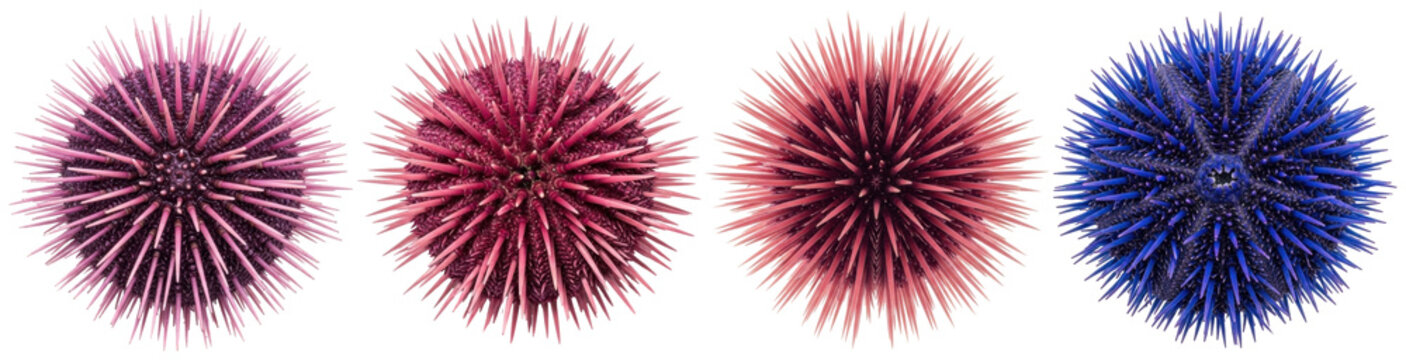 Four striking sea urchins in vivid purple, red, and blue display their intricate spiny forms.