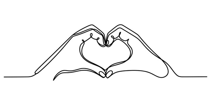 Continuous line drawing of two hands making a heart shape symbol of love and friendship.