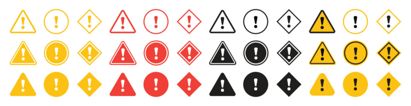Warning Alert Triangle Sign Set with Yellow Caution Icons and Danger Exclamation Symbols