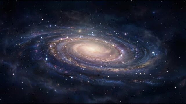 Milky Way galaxy stretches across deep space with dense star clusters and colorful nebula clouds forming a calm ethereal cosmic background in seamless motion