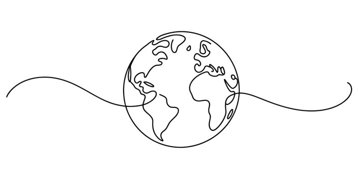 Continuous line drawing of the planet earth globe with continents on a white background