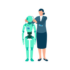 Fototapeta premium Businesswoman working with a virtual assistant AI robot as a team member for organizational development and modern workforce integration in a professional creative corporate culture