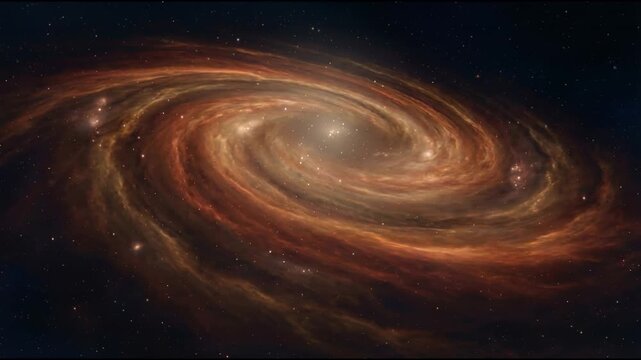 Vast spiral galaxy scene with glowing golden and orange dust clouds swirling around a bright core in smooth seamless ethereal cosmic motion