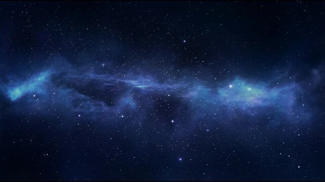 Ethereal cosmic panorama with a long wispy blue nebula stretching horizontally across deep space in smooth seamless galactic motion