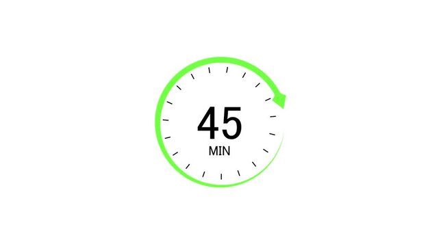 Clock countdown icon with green circular timer on which 45 minutes displayed isolated on white background for efficiency and corporate templetes 